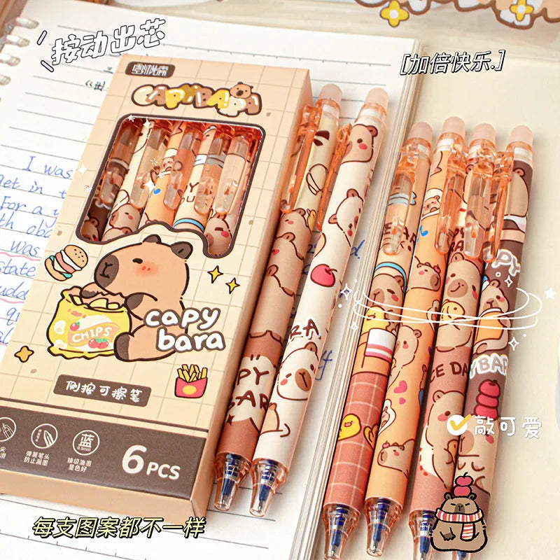 6Pcs/Box Kawaii Cartoon Panda Capybara Blue Ink Erasable Gel Pen Side Press ST Crystal Blue Pens School Office Writing Supplies