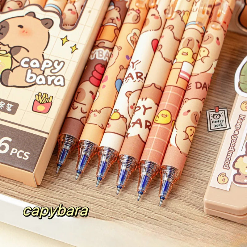 6Pcs/Box Kawaii Cartoon Panda Capybara Blue Ink Erasable Gel Pen Side Press ST Crystal Blue Pens School Office Writing Supplies