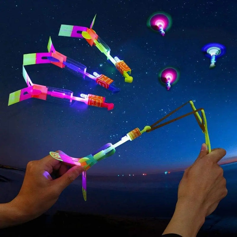 Led Light Arrow Helicopter Slingshot ejection Flying Toy  Kids Adult Mini Flying Toy Blue/Flash Light Rubber Band Catapult Toys