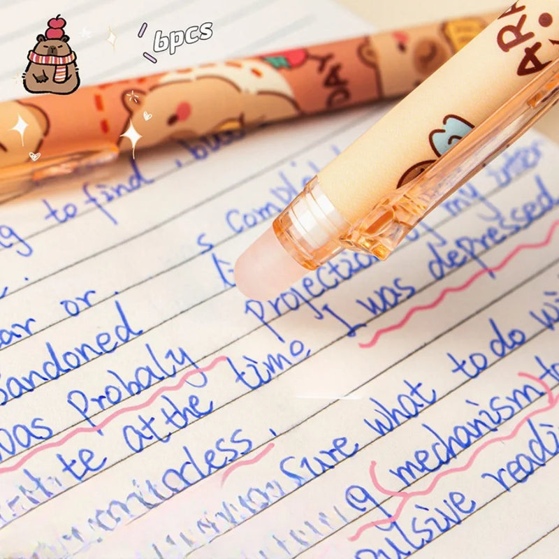 6Pcs/Box Kawaii Cartoon Panda Capybara Blue Ink Erasable Gel Pen Side Press ST Crystal Blue Pens School Office Writing Supplies