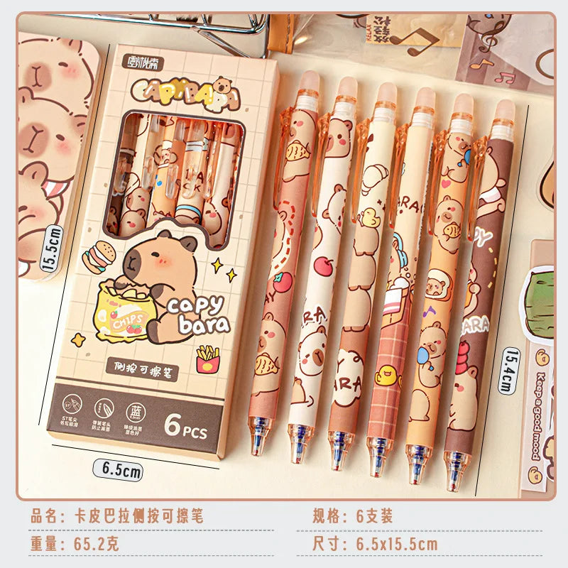 6Pcs/Box Kawaii Cartoon Panda Capybara Blue Ink Erasable Gel Pen Side Press ST Crystal Blue Pens School Office Writing Supplies